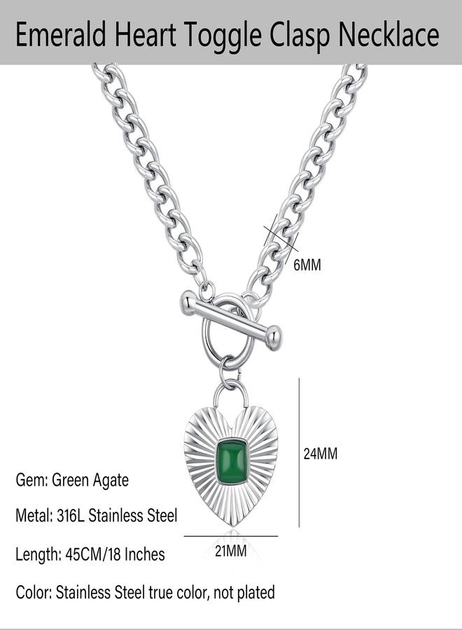 NUZON Chunky Sunburst Heart Pendant Necklace with Green Agate Solitaire Stainless Steel Silver Curb Cuban Thick Chain Toggle Bar Clasp Statement Jewelry for Women 18’’ - Image 4